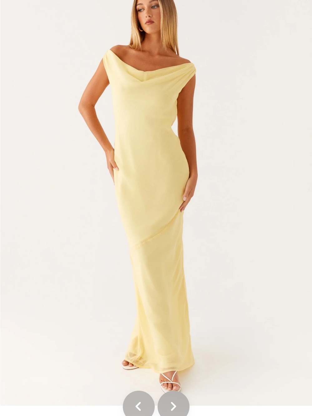 Peppermayo Pale Yellow Off-Shoulder Evening Gown